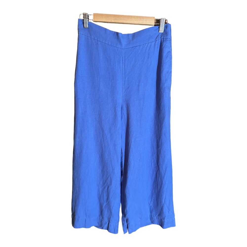 POINT SUR blue linen elastic back comfy pocket wide leg cropped pants
